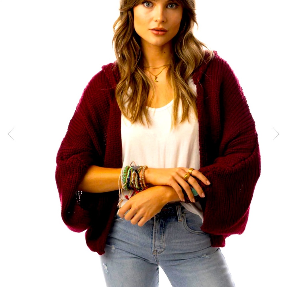 Three bird nest Cozy burgundy/wine color hooded cardigan